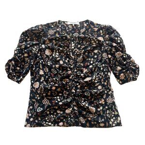 FRAME Brown Pink Red Top Floral Short Puff Sleeve 100% Silk Blouse Size XS